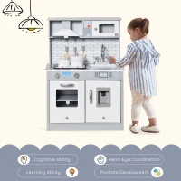 HOMCOM Kids Wooden Toy Kitchen Pretend Play Cooking Playset w/ Sound & Light Effect, Battery Operated Cooktop, Ice Machine, Marble Pattern Countertop, for 3-6 Years Old(m-4)