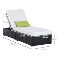 HOMCOM Bain de Soleil transat chaise longue jardin Grand Confort 195L x 68l x 31H cm Dossier inclinable Multi-Positions Aluminium Matelas épaisseur 10 cm crème résine tressée 4 Fils Noir(m-3)