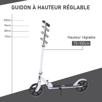 HOMCOM Trottinette Pliable Hauteur Guidon réglable sur 4 Niveaux système de freinage arrière pour enfant adolescent pois max. 100KG dim. 88L x 37l x 75-100H cm Blanc(m-5)