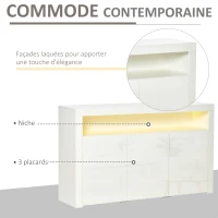 HOMCOM Buffet LED - meuble de rangement LED - 3 placards avec étagère et grande niche - panneaux particules MDF blanc laqué(m-4)
