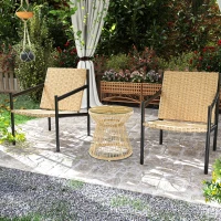 Outsunny Round End Table, Rattan Side Table, Hollow Drum Design Coffee Table w/ Glass Tabletop for Patio, Garden, Balcony Natural(m-7)