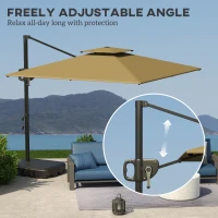 Outsunny Cantilever Parasol with Weighted Base Double Top Garden Parasol Square Hanging Patio Umbrella with Crank Tilt Khaki(m-5)