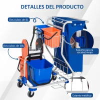 HOMCOM Carro de Limpieza con Bolsa de Basura Carro de Servicio con Doble Cubo de 18 Litros Escurridor de Prensa 2 Cubetas Auxiliares 93x80x97 cm Naranja y Azul(m-7)