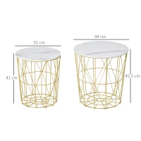 HOMCOM Lot de 2 Tables Basses gigognes - Tables d'appoint Rondes encastrables Style néo-rétro Bicolore Structure métal doré Plateau MDF Aspect marbre Blanc(m-3)