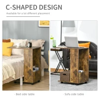 HOMCOM Mobile Sofa Side Table C-Shape End Table with Storage and Casters for Laptop Coffee Snack, Rustic Brown(m-4)
