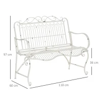 Outsunny Banco de Jardín de 2 Plazas 110x60x97 cm Banco de Exterior de Metal con Respaldo Decorativo y Reposabrazos para Terraza Balcón Patio Carga 200 kg Blanco(m-3)