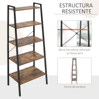 HOMCOM Estantería de Estilo Industrial en Forma de Escalera con 5 Baldas con Marco de Metal para Sala de Estar Dormitorio Cocina Oficina 56x34x160 cm Marrón Rústico(m-5)