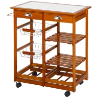 HOMCOM Chariot de Service Cuisine Desserte à roulettes Multi-rangements tiroirs paniers étagères Range Bouteilles Bois de pin(m-10)