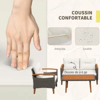 Outsunny Ensemble salon de jardin 4 pièces en rotin PE canapé 2 places 2 fauteuils coussins et plateau en bois d'acacia crème(m-5)