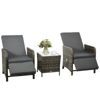 Outsunny 3 Pieces Rattan Bistro Set Balcony Furniture with Cushions, Storage Function - Dark Grey