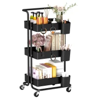 HOMCOM Three-Tier Home Trolley, with Handle and Wheels - Black(m-1)