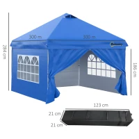 Outsunny Carpa Plegable 3x3 m con Altura Ajustable de 3 Niveles Cenador de Jardín con 4 Paredes Extraíbles 2 Ventanas 4 Sacos de Arena y Bolsa de Transporte Gazebo para Exterior Camping Azul(m-3)