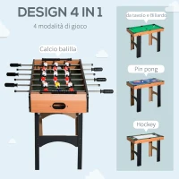 HOMCOM Tavolo Multigioco 4 in 1 con Calcio Balilla, Biliardo, Ping Pong e Hockey da Tavolo, Tavolo da Gioco con Accessori, in Legno MDF, 87x43x73cm, Legno Naturale e Nero(m-4)