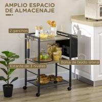 HOMCOM Carrito Auxiliar con Ruedas de 3 Niveles con Bolsa de Tela y 2 Ganchos para Salón Cocina Comedor 66x40x80,5 cm Gris(m-4)