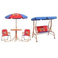 Outsunny 4 Piece Kids Garden Furniture Set with Adjustable Canopy, Cowboy Themed, Kids Garden Table and Chair Set and Double Seat Swing Chair for Patio Park Porch, for Ages 3-6 Years - Red and Blue(m-1)