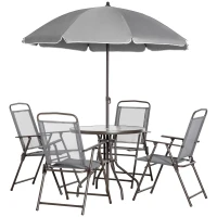 Outsunny 6 Piece Garden Dining Set with Umbrella, Outdoor Dining Sets with Parasol, 4 Folding Dining Chairs & Round Tempered Glass Table, Grey(m-13)