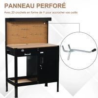 HOMCOM Établi plan de travail avec panneau perforé tiroir étagère ouverte placard avec 2 clés et boîte de rangement latérale, bricolage outillage garage MDF et métal 98,5 x 48 x 140 cm noir(m-4)