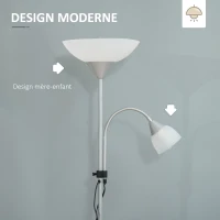 HOMCOM Lampadaire, lampe de salon sur pied avec 2 têtes douille E27 et E14, base en métal dim. Ø28 x 179,5H cm(m-4)