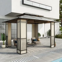 Outsunny Cenador para Jardín 3,6x3 m con Marco de Aluminio Pabellón para Exterior con Techo de Policarbonato Anti-UV Gazebo para Fiestas Eventos Marrón(m-2)