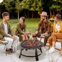 Outsunny Metal Large Firepit Bowl Outdoor Round Fire Pit w/ Lid, Log Grate, Poker for Backyard, Camping, BBQ, Bonfire, Wood Burning Stove, 76 x 76 x 53cm, Black(m-10)