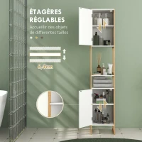 HOMCOM Meuble colonne de salle de bain avec 2 niches et 2 placards étagère réglable, bambou et MDF 33L x 33l x 170H cm blanc(m-5)