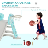 HOMCOM Tobogán para Niños +18 Meses Plegable 2 en 1 con Canasta de Baloncesto Modelo Jirafa Juguete Infantil para Interiores y Exteriores 140x87x75 cm Azul y Gris(m-5)