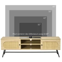 HOMCOM Lot de Meuble TV et Meuble de rangement - design aspect bois et cannage - 2 passe-câbles - pieds métal noir - naturel(m-6)