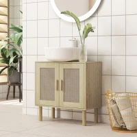 HOMCOM Meuble salle de bain sous lavabo meuble sous lavabo portes en rotin pieds bois de pin 2 niveaux 60 x 30 x 60 cm chêne(m-2)
