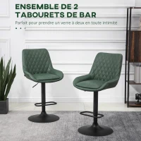 HOMCOM Lot de 2 tabourets de bar en similicuir hauteur réglable pivotant à 360° dossier et repose-pieds vert foncé(m-4)