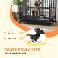 PawHut Cage pour chien cage de transport pour chien sur roulettes 2 portes verrouillables plateau amovible 123 x 74 x 125 cm(m-5)