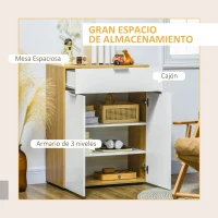 HOMCOM Aparador de Salón Armario Multiusos de Alto Brillo con Cajón 2 Puertas y Estantes Ajustables 70x35x92cm Blanco y Natural(m-5)