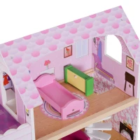 HOMCOM Casa de Muñecas con 13pcs 60x30x71,5 cm Muebles Mobiliario Casita Muñeca Juguete Madera 3 Pisos Casa de Juguete Bella de Madera Rosa(m-9)