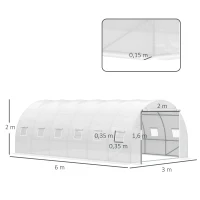 Outsunny Invernadero de Túnel 6x3x2 m Invernadero de Jardín con Puerta Enrollable 12 Ventanas Cubierta de PE 140 g/m² y Metal Galvanizado para Cultivos Plantas Verduras Blanco(m-3)