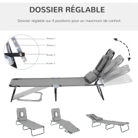 Outsunny Bain de Soleil Pliable transat inclinable 4 Positions Chaise Longue 3 Coussins fournis Gris(m-4)