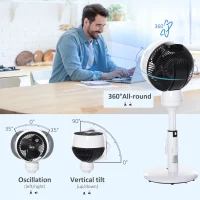 HOMCOM 9'' Air Circulator Fan 3 Speed 3 Mode, 70° Oscillation 90° Vertical Tilt, Height Adjustable, Remote Controller, for Living Room, Bedroom, Office, Black and White(m-6)