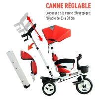 HOMCOM Tricycle enfant évolutif pliable pare-soleil pliable canne télescopique amovible 118L x 53l x 105H cm métal blanc rouge noir(m-7)