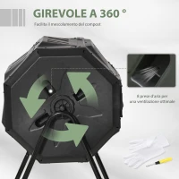 Outsunny Compostiera da Giardino Girevole a 2 Sezioni con 8 Prese d'Aria, Compostiera Domestica in Acciaio e PP, 160 L, per Compostaggio Rifiuti Organici, 71x65x96 cm, Nero(m-5)