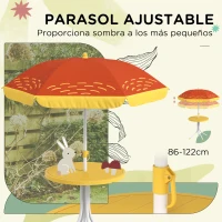 Outsunny Set de 2 Sillas Plegables y Mesa para Niños Mesa con Sombrilla Ajustable en Altura Temática de León para Jardín Amarillo(m-5)