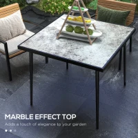 Outsunny Square Garden Table, Outdoor Dining Table for 4 with Marble Effect Tempered Glass Top and Steel Frame for Patio, Grey(m-4)