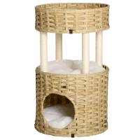 PawHut Árbol Rascador para Gatos de Ratán Torre de Gatos Mediano con Cueva 2 Camas Postes de Sisal Natural y Cojines Lavables de Felpa Suave Ø40,5x69 cm Natural(m-10)