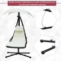 Outsunny Bain de Soleil transat Suspendu Chaise Suspendu Extérieur avec Pare-Soleil et Matelas Design Contemporain 194L x 117l x 192H cm Acier Polyester crème Noir(m-5)