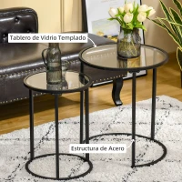 HOMCOM Juego de 2 Mesitas Auxiliares Anidadas con Estructura de Metal y Encimera de Cristal Ø50x58 cm y Ø37x51 cm Negro(m-5)
