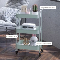 HOMCOM Desserte chariot de rangement en acier chariot de service à roulettes 3 plateaux ajourés 45 x 30,6 x 79 cm bleu clair(m-6)
