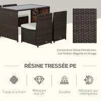 Outsunny Ensemble salon de jardin encastrable 4 chaises monoblocs avec coussins déhoussables et table résine tressée chocolat(m-4)
