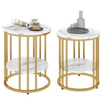 HOMCOM Lot de 2 tables basses rondes tables de salon effet marbre avec étagère de rangement ouverte et cadre en acier or(m-1)