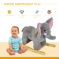 HOMCOM Kids Children Rocking Horse Plush Ride on Animal Wooden Riding Traditional Rocker Gift w/32 nursery rhymes (Grey Elephant)(m-4)
