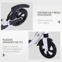 HOMCOM Patinete Plegable para Adultos y Niños +14 años Scooter Ligero con Manillar Altura Ajustable Tipo Monopatín con Freno Grandes Ruedas Ø200 mm Amortiguador Aluminio Carga 100 kg Blanco(m-5)