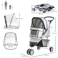 PawHut Dog Stroller with Cover for Small Miniature Dogs, Folding Cat Pram Dog Pushchair with Cup Holder, Storage Basket, Reflective Strips, Grey(m-3)