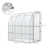 Outsunny Outdoor Walk-In Lean to Wall Greenhouse with Zippered Roll Up Door and PE Cover, 214L x 118W x 212Hcm, White(m-3)