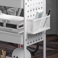 HOMCOM 3-tier Storage Trolley on Wheels, Rolling Utility Serving Cart with 3 Mesh Baskets, 2 Hanging Boxes and 6 Hooks for Living Room, Kitchen, White(m-9)